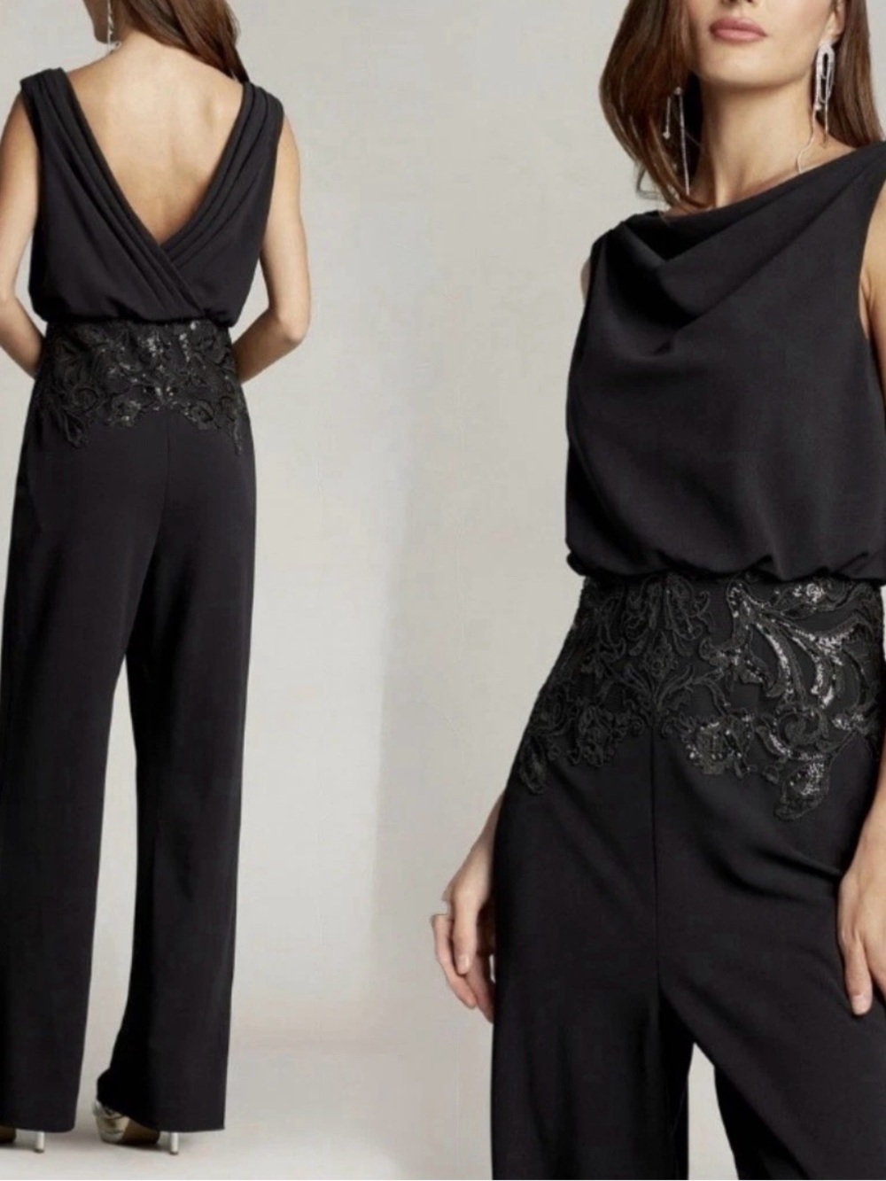 NWT Tadashi Shoji Black Beaded-Waist Blousing Jumpsuit 4